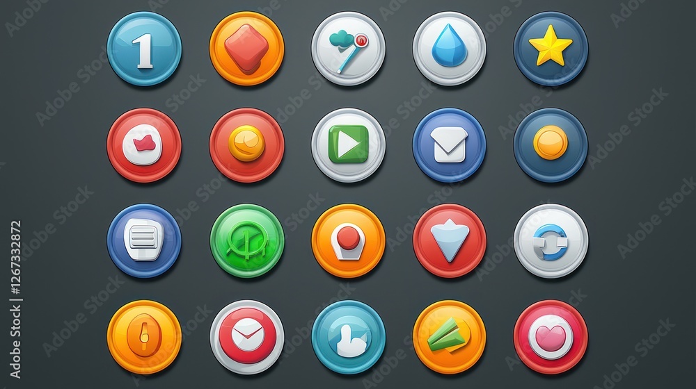Poster colorful app icons on dark background; web design elements