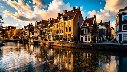 Obraz premium Charming canal houses bathed in the warm glow of golden hour light