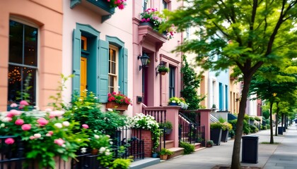 Fototapeta premium Charming row houses with colorful facades and lush green plants lining the sidewalk