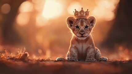 Lion cub king sunset savanna background, wildlife photography