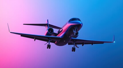 Plane flying in the sky alongside a metallic blue model airplane against a gradient background