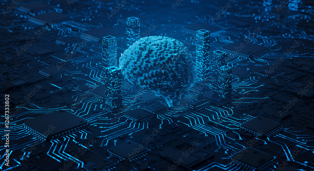 Poster ai brain: futuristic techscape, digital intelligence, artificial neural network concept, cyberpunk t
