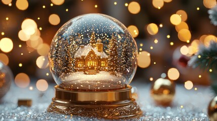 Festive snow globe with house, bokeh lights, winter scene, holiday decoration