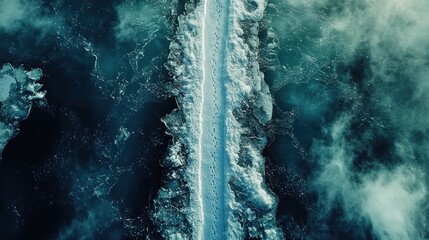 Frozen river path with mist aerial view, winter landscape