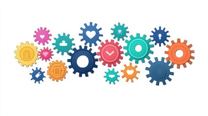 Corporate Management Globalization. Colorful gears in various sizes and shapes, symbolizing creativity and teamwork, arranged playfully against a white background.