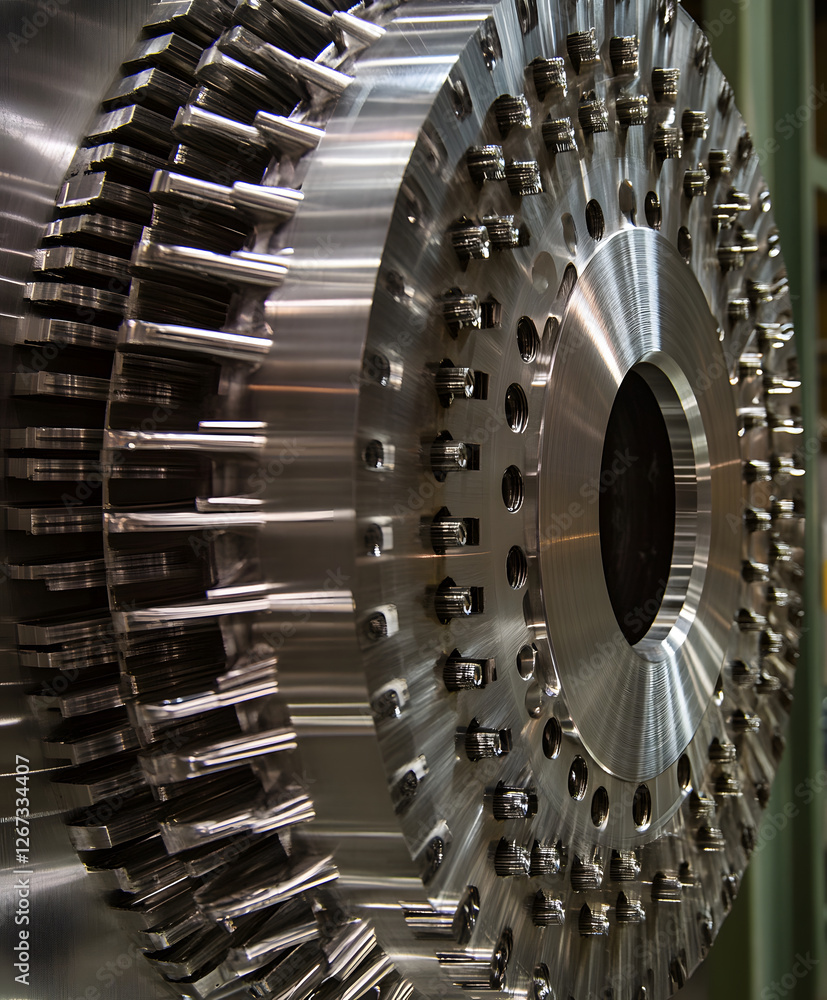 Poster A close-up view of a metallic gear or turbine component, showcasing intricate details and a polished surface, indicative of advanced engineering