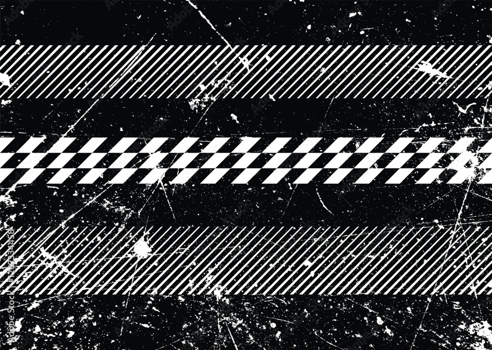Poster Glitch distorted grunge layer . Noise destroyed texture . Checkered race grunge flag . Overlay grunge texture . Distressed effect .Vector shapes with a speed lines screen print texture.