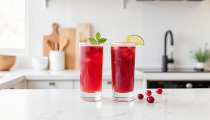 Refreshing cranberry drinks with ice on a kitchen countertop