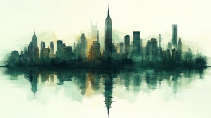 Fototapeta premium Misty New York City skyline reflection, urban landscape, peaceful morning, website banner