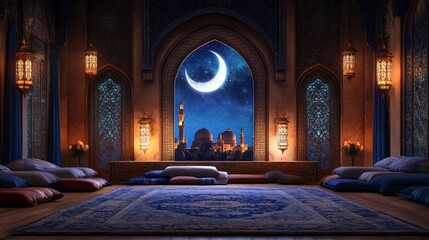 Obraz premium Soft cushions adorn the spacious Islamic prayer room, enhancing the peaceful atmosphere of Ramadan. A stunning crescent moon shines through ornate windows, illuminating the tranquil space