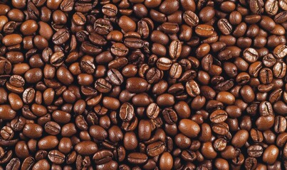 Fototapeta premium Close-up view of roasted coffee beans scattered on a wooden surface, showcasing rich textures and colors