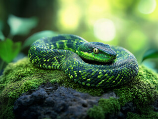 Fototapeta premium Green snake resting on moss in a forest setting