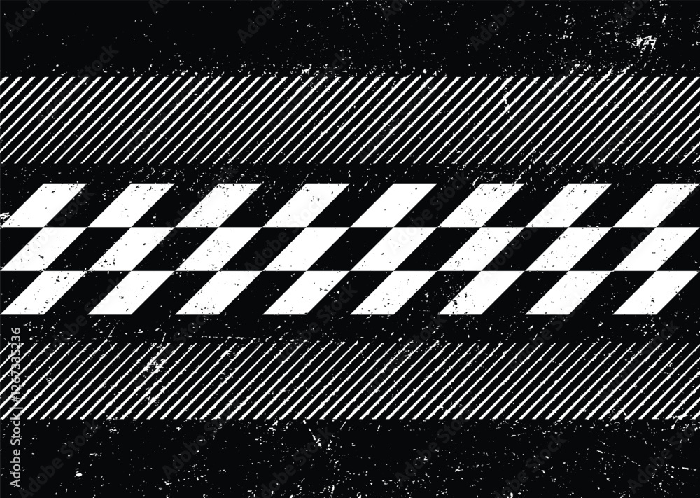 Aufkleber Glitch distorted grunge layer . Noise destroyed texture . Checkered race grunge flag . Overlay grunge texture . Distressed effect .Vector shapes with a speed lines screen print texture.