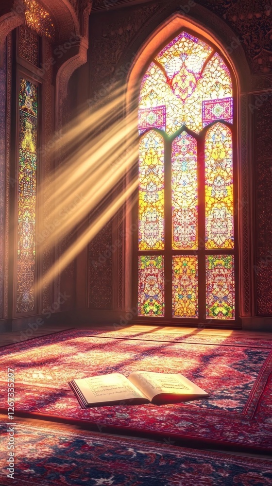 Poster sunlight streams through intricate stained glass, casting colorful patterns on a richly woven carpet