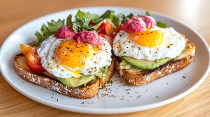 Avocado Toast with Fried Eggs and Greens on White Plate Breakfast Platter featuring Colorful Toppings Delicious Meal on Light Wooden Table Surface