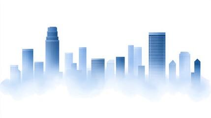 Corporate Management Globalization. A silhouette of a modern city skyline in various shades of blue, partially obscured by fog, evoking a serene urban atmosphere.