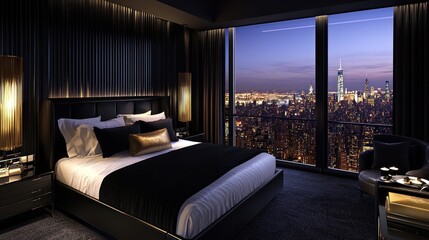 Luxurious NYC penthouse bedroom with city view
