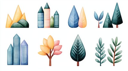 Corporate Management Globalization. A vibrant illustration featuring stylized mountains, skyscrapers, and various trees, showcasing a harmonious blend of nature and urban elements.