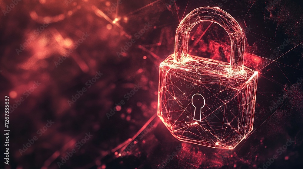 Poster a glow polygon padlock on a technology background with copy space, cyber security concept