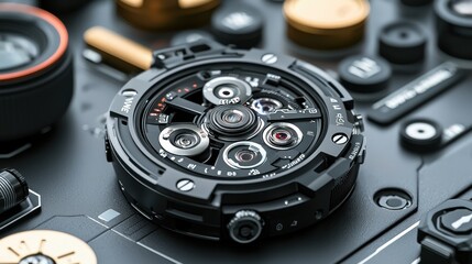 Futuristic camera lens assembly on circuit board, tech background