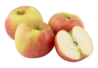 Fresh apples, whole and cut in half cut out isolated transparent background