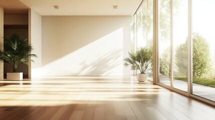 Empty room with sunlight shining through the windows. Room with a wooden floor and a wooden floor rendering. A large white wall with white interiors and a large floor. Lifestyle vacant space.