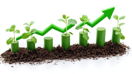 Growing plants in soil with upward trend graph; illustrating growth, investment, and nature