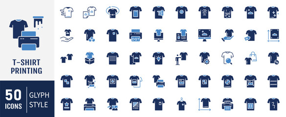 T-shirt printing flat icon set. Containing as digital printing, printer, paint, t-shirt elements, drawing, printing on apparel and more. Vector illustration