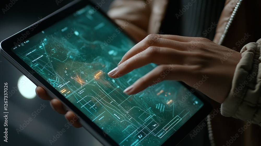 Poster futuristic tablet interface digital map technology modern hand touchscreen user interface green teal