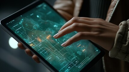 Futuristic Tablet Interface Digital Map Technology Modern Hand Touchscreen User Interface Green Teal Blue Neon Lights Screen Display Advanced         