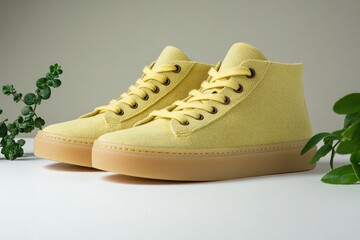 Stylish yellow sneakers with unique design and natural elements