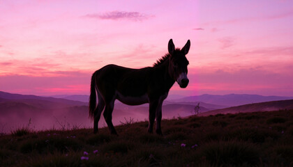 Sil silhouette of a donkey against a pink sunset backdrop