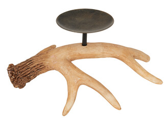 Horizontal deer antler shaped wooden candle holder cut out isolated transparent background