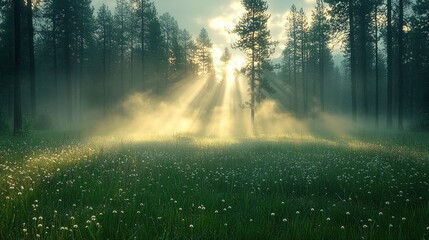 Sunbeams Illuminate Misty Forest Meadow Flowers