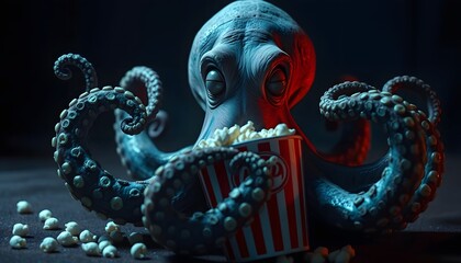 Obraz premium Octopus Movie Night: A digital artwork of an octopus enjoying a bucket of popcorn during a movie.