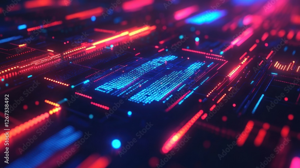 Poster futuristic circuit board with glowing data stream, ideal for tech backgrounds