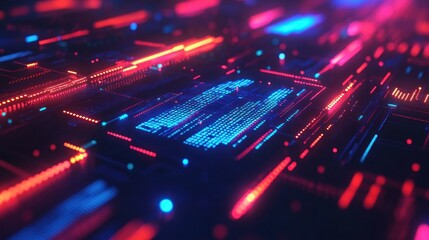 Futuristic circuit board with glowing data stream, ideal for tech backgrounds