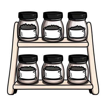 Wooden Shelf with Spices in Glass Jars for Kitchen Organization
