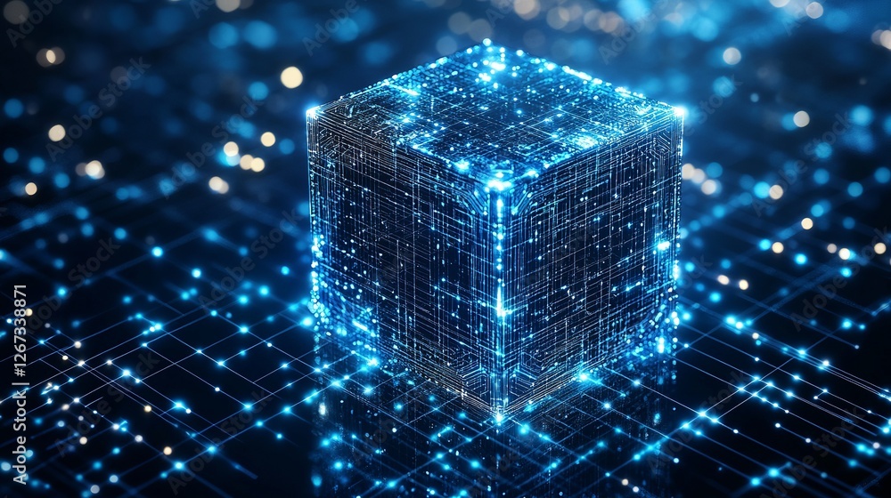 Poster technology virtual reality blockchain neon cube data stream background