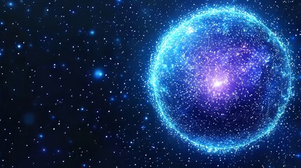 Corporate Management Globalization. A radiant, cosmic sphere glows in deep space, showcasing vibrant blue and purple hues amidst a backdrop of shimmering stars.