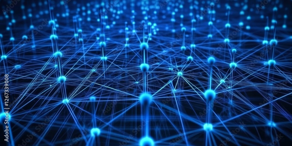Poster blue network structure abstract background with interconnected nodes and bokeh circles