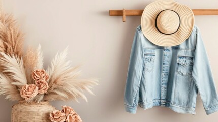 Light Blue Denim Jacket and Straw Hat on Wooden Rack Against Beige Wall