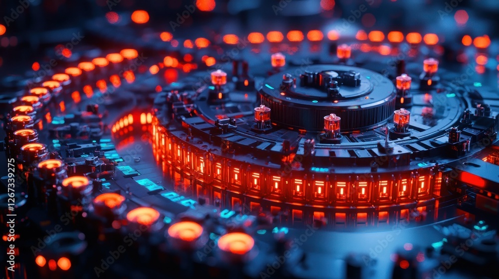Poster futuristic circular machine with glowing lights in dark tech environment