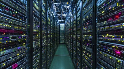 Big data technology and data science. visualization working data center filled with rack servers and supercomputers