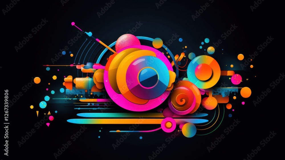 Poster vibrant abstract art featuring colorful shapes and swirls in dynamic composition