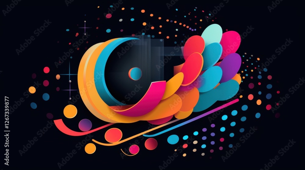 Poster vibrant abstract composition featuring colorful shapes and dynamic elements in digital art