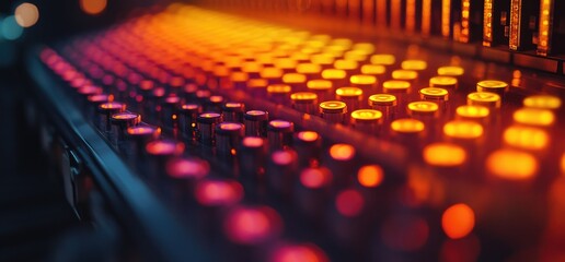 Illuminated audio mixer console close-up, studio background, music production