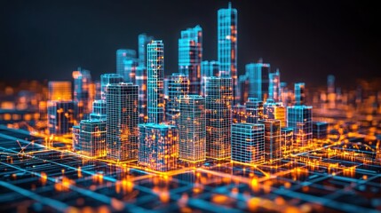 Futuristic city skyline at night with glowing grid, tech concept