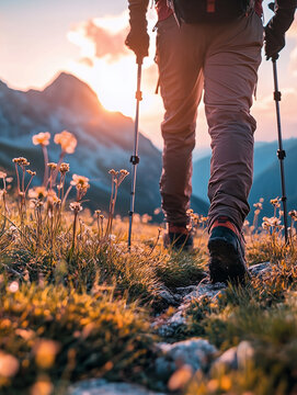 A close-up of the hiker's legs, holding trekking poles and wearing outdoor shoes, walking on grassy terrain.
