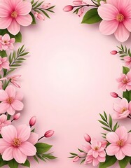 Fototapeta premium Delicate pink blossoms border on a soft pastel background creating a frame